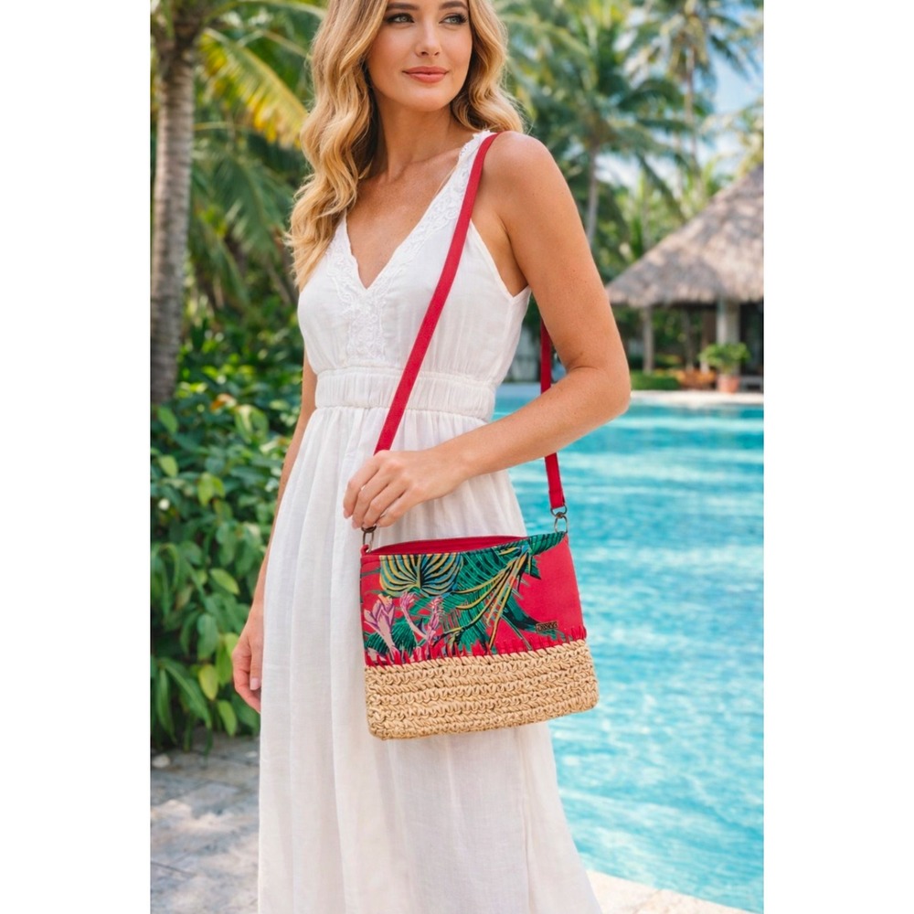 Roxy Tropical Floral Red Canvas and Woven Straw Crossbody Bag Summer Beach